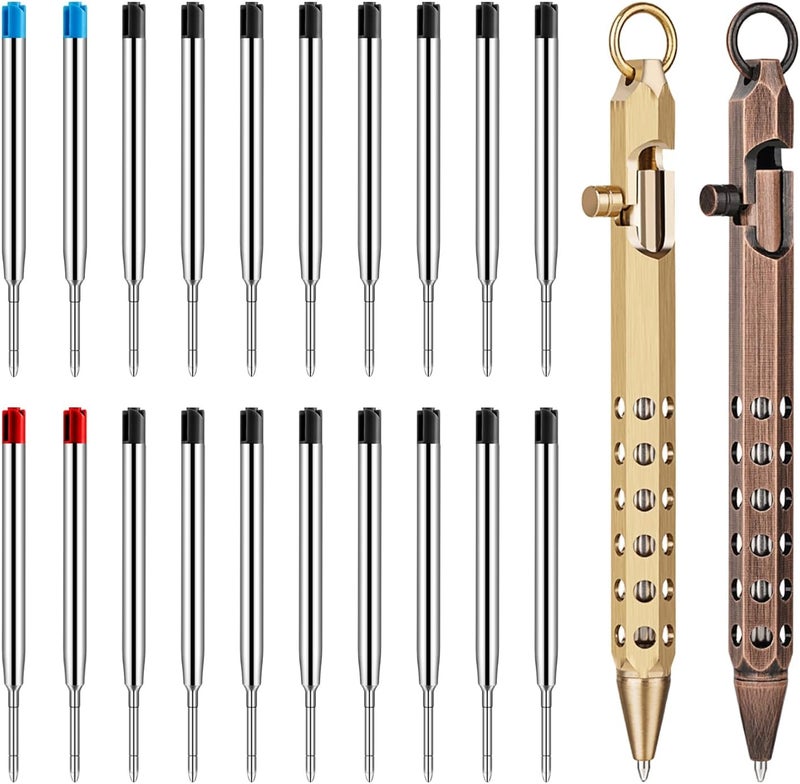 Origin-Joy 2 Pack Bolt Action Pen Set, Six Edge Solid Brass EDC Pocket Tactical Pen With 20 Ballpoint Refills (Natural Brass & Red Bronze) - Image 1